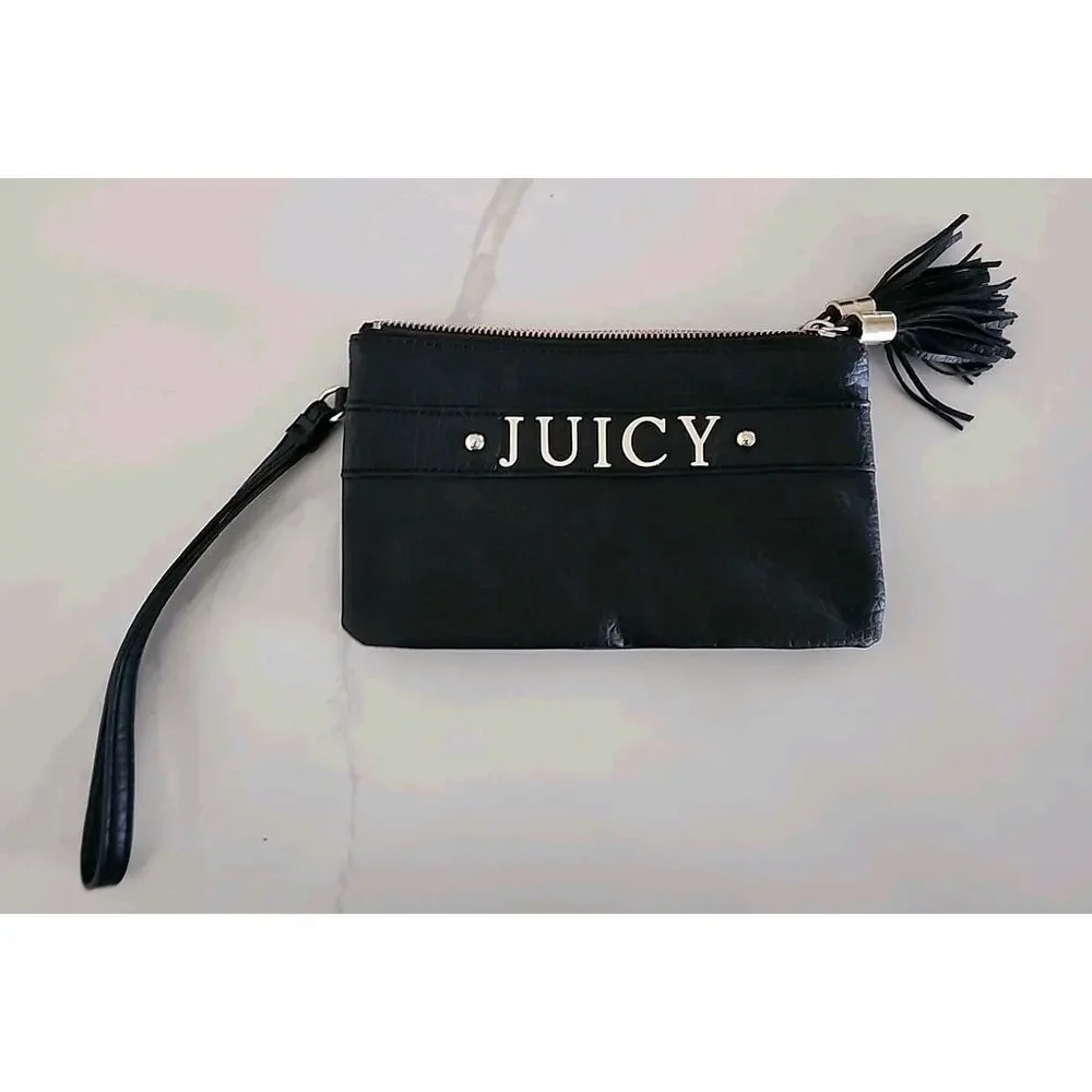 Juicy Couture Wristlet Vintage Black Leather Double Compartment Clutch Tassels